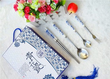 青花瓷餐具套装不锈钢餐具4件套15-30元勺子筷子餐具套装礼品定制