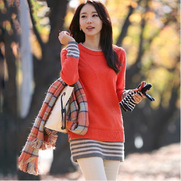 2015韩版毛衣女中长款包臀毛衣连衣裙长袖条纹加厚打底毛衣衫显瘦