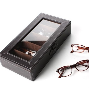 韩国进口家居 黑色简约人造皮可视眼镜收纳盒/5格眼镜储存盒