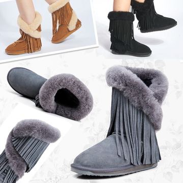 冬款中筒靴羊毛一体女靴子雪地靴女棉鞋真皮保暖防滑流苏雪地靴子
