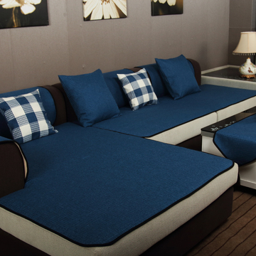 亚麻纯色沙发垫时尚布艺地中海沙发巾沙发套定做欧式飘窗垫蓝高档