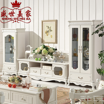 盛世美家家具 欧式地柜组合 韩式电视柜 田园象牙白色描银酒柜