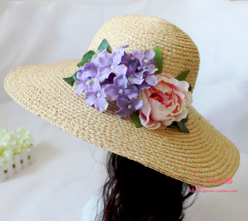 日系海边拉菲草帽子花朵大沿帽女夏天韩版沙滩帽防晒遮阳帽太阳帽