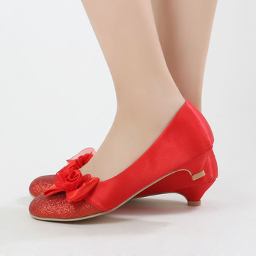 新款~低跟侧面丝绸红色蝴蝶细亮沙新娘鞋/公主单鞋/婚鞋 红Q-01