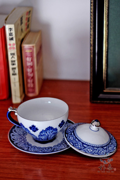 景德镇 高档 明清古典 中式复古 鎏银青花瓷一杯一碟带盖咖啡杯