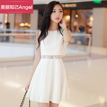 清新假两件无袖背心裙韩版2015夏装新款修身白色蕾丝雪纺连衣裙女