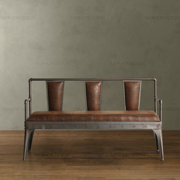 美式做旧软皮沙发铁艺实木长椅咖啡椅休闲椅子复古双人椅
