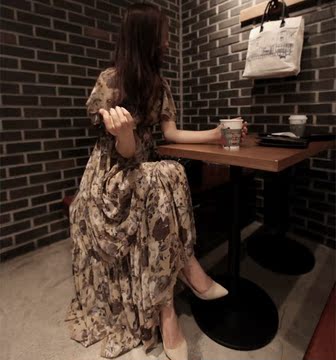 韩国SZ正品代购2015夏款韩版女装通勤OL雪纺圆领超长女神连衣裙
