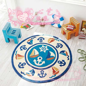 加厚时尚地中海风格蓝色地毯可爱卡通卧室儿童圆形客厅美式地垫