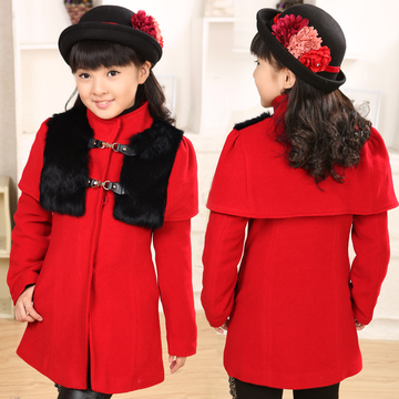 女童大衣冬季新款韩版中大儿童皮草领羊毛呢夹棉风衣外套