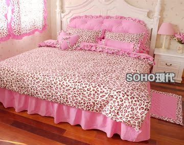 韩版粉色豹纹四件套花边床裙式床罩式床品套件 全棉斜纹 特价团购