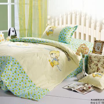 全棉活性斜纹绣花卡通1.2米儿童床上用品三件套纯棉床单被套特价