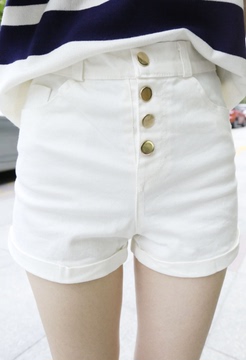 2015春夏韩版修身高腰弹力牛仔短裤卷边大码休闲排扣显瘦热裤子女