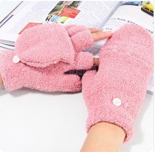 韩版秋冬软绵绵绒布手套 可爱多功能半指翻盖 保暖手套 6色