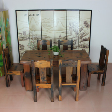 老船木原生态餐桌带餐椅实木1.6m大型餐台创意饭桌实木宜家泡茶桌