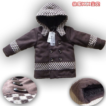 冬季新款宝宝儿童装毛呢外套带帽格子加厚上棉衣保暖呢子外套清仓