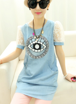 2014夏季新款韩版中长款眼睛图案袖子网纱口袋牛仔连衣裙短袖修身