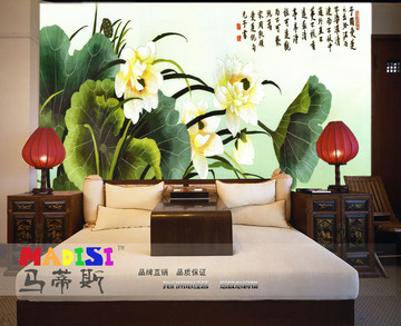 热销防水无毒中式荷花壁画现代中式沙发床背景墙纸 无缝壁画