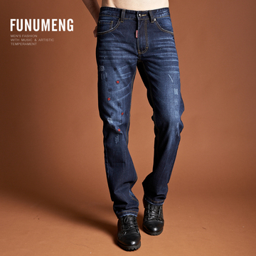 2016新款男装正品F006常规牛仔布商务中腰青年长裤水洗深蓝色拉链