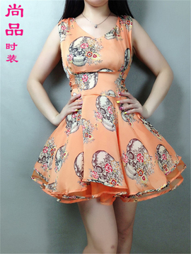 2014新款夏季雪纺连衣裙女 时尚花朵修身欧根纱蓬蓬裙蛋糕裙