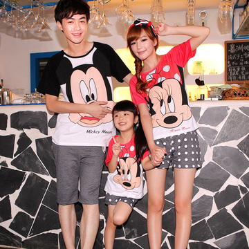 迪士尼米奇亲子装卡通米老鼠父女装夏韩版家庭短袖T恤四口全家装