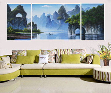 纯手绘板上油画无框画装饰画挂画现代画客厅三件GY013桂林山水*F