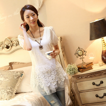 2014新款韩版女装雪纺短袖中长款修身拼接花边打底衫白色t恤女款