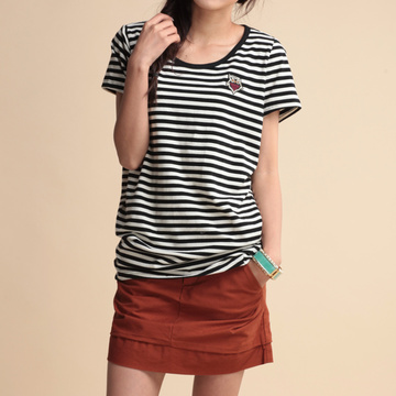 包邮 2015韩版夏装新款 横条纹 贴布 宽松显瘦 棉女短袖T恤体恤衫