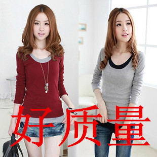 2015韩版女装假两件套长袖T恤休闲拼接假两件 纯棉长袖T恤