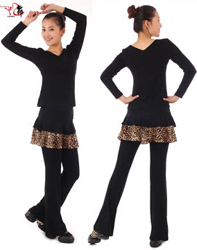 莫代尔拉丁舞服装新款跳舞服装 广场舞蹈服装套装豹纹裙裤练功服