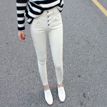 【天天特价】冬季加绒韩版白色高腰牛仔裤女式显瘦弹力小脚铅笔裤