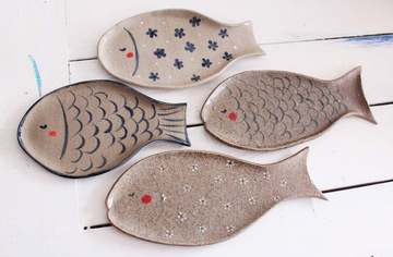 谷陶社  鱼盘瓷器原创手工小鱼图案 花朵/纹理 餐具盘子 创意礼物
