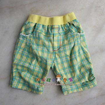 女童裤子格子纹侧收五分裤蕾丝弹力儿童短裤夏季童装浅绿勾花