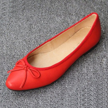 新款红色甜美女单鞋羊皮平跟尖头鞋真皮浅口平底鞋小香蝴蝶结婚鞋