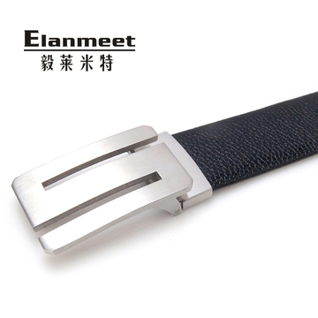 Elanmeet304不锈钢男士皮带双面头层牛皮S型平滑扣腰带黑3.8cm