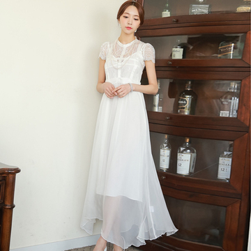 韩国SZ正品代购2015夏款韩版女装通勤OL蕾丝雪纺透视公主连衣裙