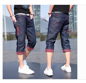 2015新款春夏季韩版牛仔短裤 男士七7分裤印花红色闪电薄款中裤