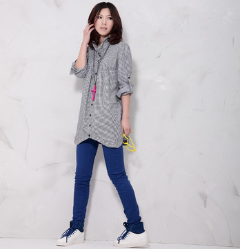 2014加大码女装夏装韩版OL立领细格子长款套头大码休闲衬衫CS002