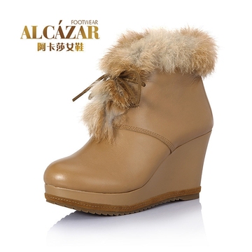 阿卡莎 2013新品牛皮系带时尚女鞋休闲坡跟女靴短靴TB3858-16