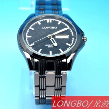 礼物1360#LONGBO/龙波品牌正品石英表全黑色夜光指针男款手表腕表