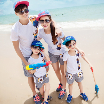 亲子装夏装2015款一家三口母子母女海边沙滩裤短袖套装全家装qzz
