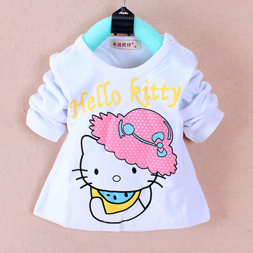 包邮2015秋装女童纯棉T恤宝宝外套 婴儿肩扣长袖T恤 KITTY猫童装