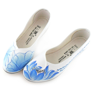 中国风淡雅水墨荷 手绘鞋 帆布鞋 女 坡跟鞋 护士鞋 单鞋