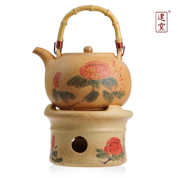 台湾建窑功夫茶具 最新款手绘牡丹陶艺火炉套组 茶壶茶炉 煮茶炉