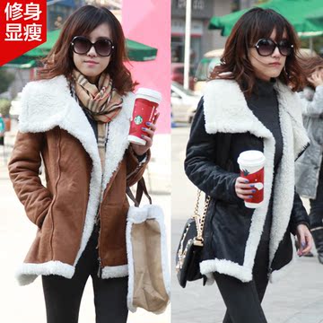 【淘牛品】2013冬女装 韩版修身加绒外套 中长款毛绒皮衣 包邮