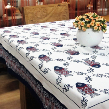 布络中式桌布台布 餐布 年年有余布艺手工印染纯棉茶几布 圆布