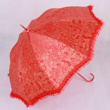 新款创意新娘红伞长杆烫金蕾丝公主婚庆礼品999朵玫瑰晴雨太阳伞