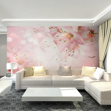 温馨浪漫婚房无纺布客厅电视背景墙大型壁画3d立体墙纸粉红百合花