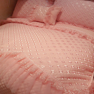 婚庆床品四件套纯棉蕾丝床单被套结婚床上用品六七八件套大红粉色