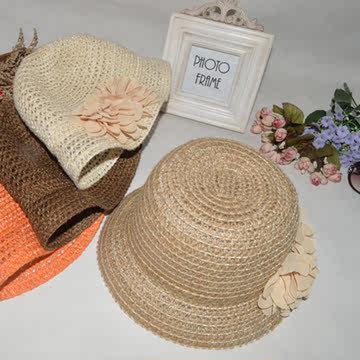 新款夏季可爱女孩花朵防紫外线亚麻遮阳帽子沙滩帽盆帽渔夫帽子